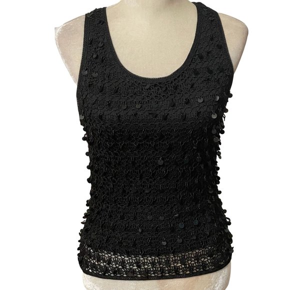 Sue Wong Womens Tank top Large Black Crochet Overlay Sequined Scoop Neck - Picture 1 of 11
